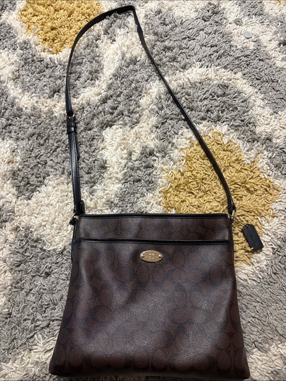 Coach Brown Signature Crossbody with Black Strap and Gold Plaque